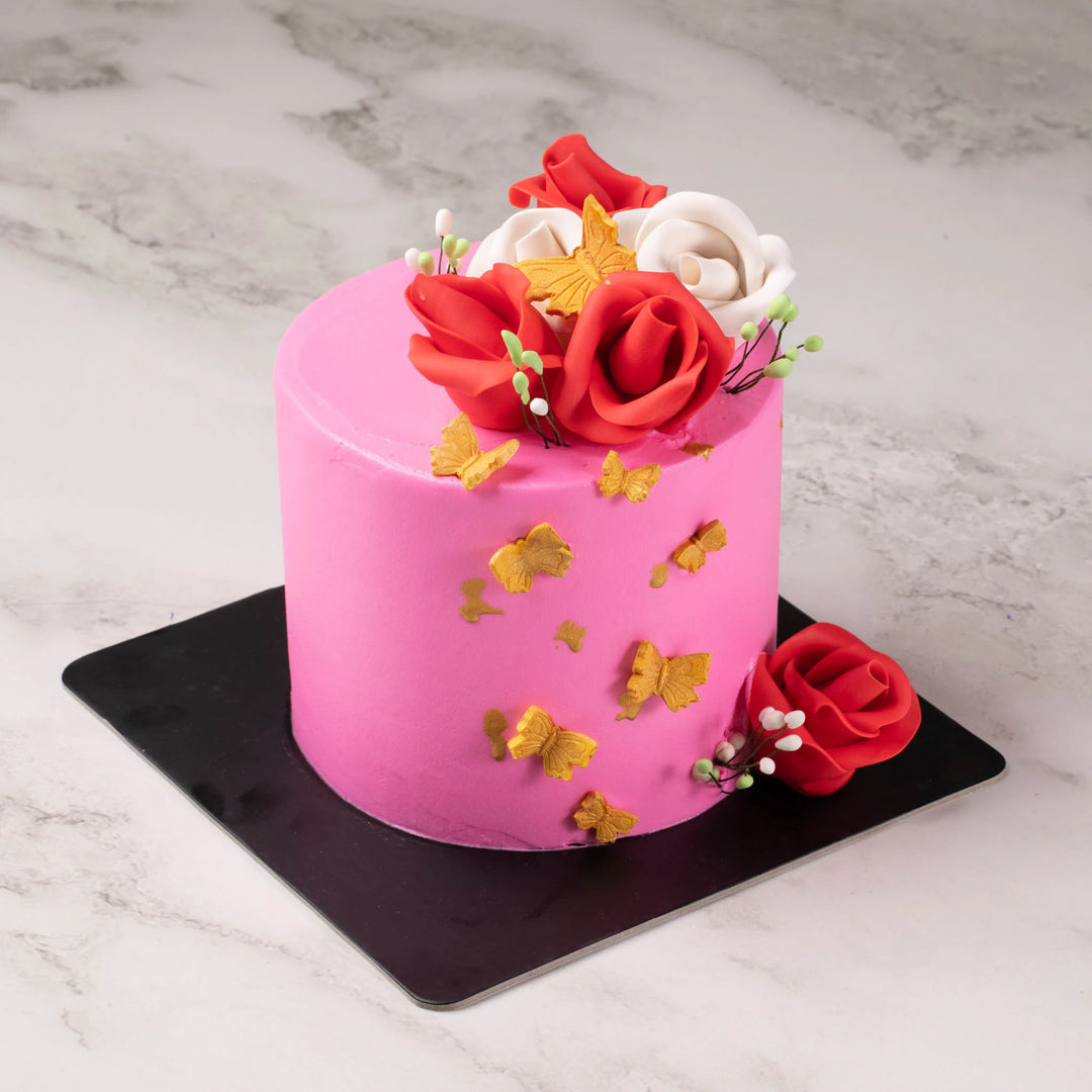 Pink Flower and Butterfly Theme Fondant Cake